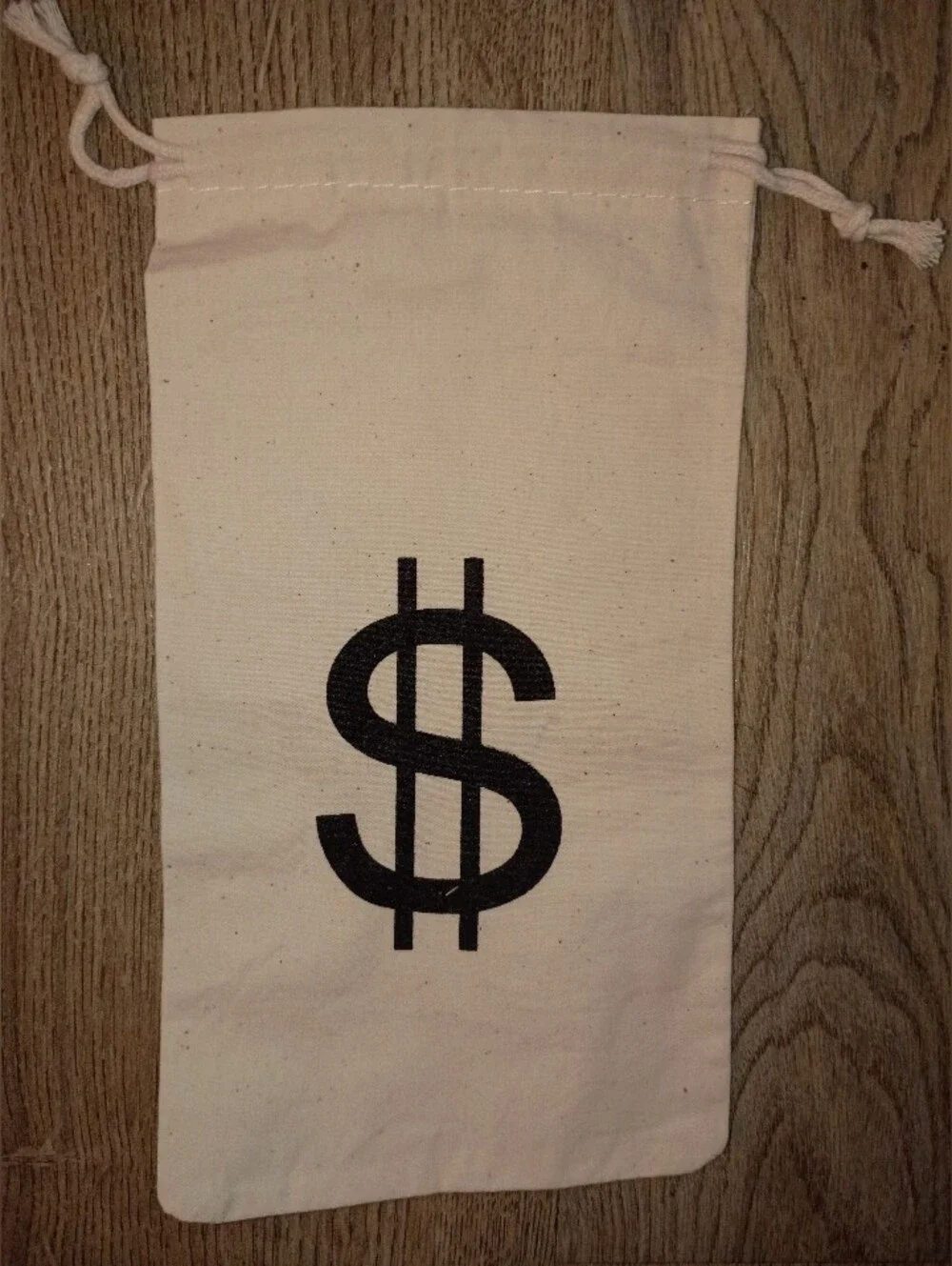 Canvas Drawstring Money Bag - Natural with Black Dollar Print